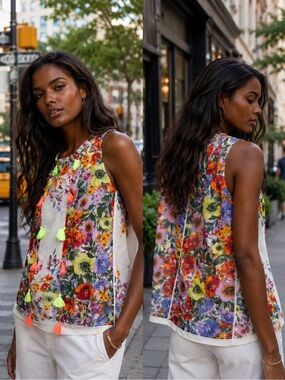 Anthropologie Floral Tassel Sleeveless Top - Multicolor